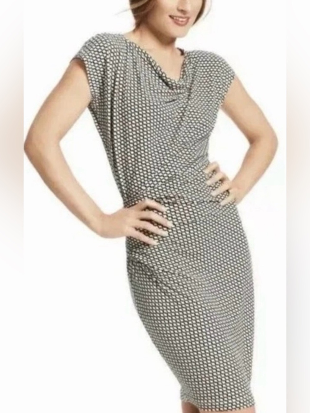Cabi Monroe Jersey Midi Dress w. Cap Sleeves Geometric Pattern - Black Ivory - L